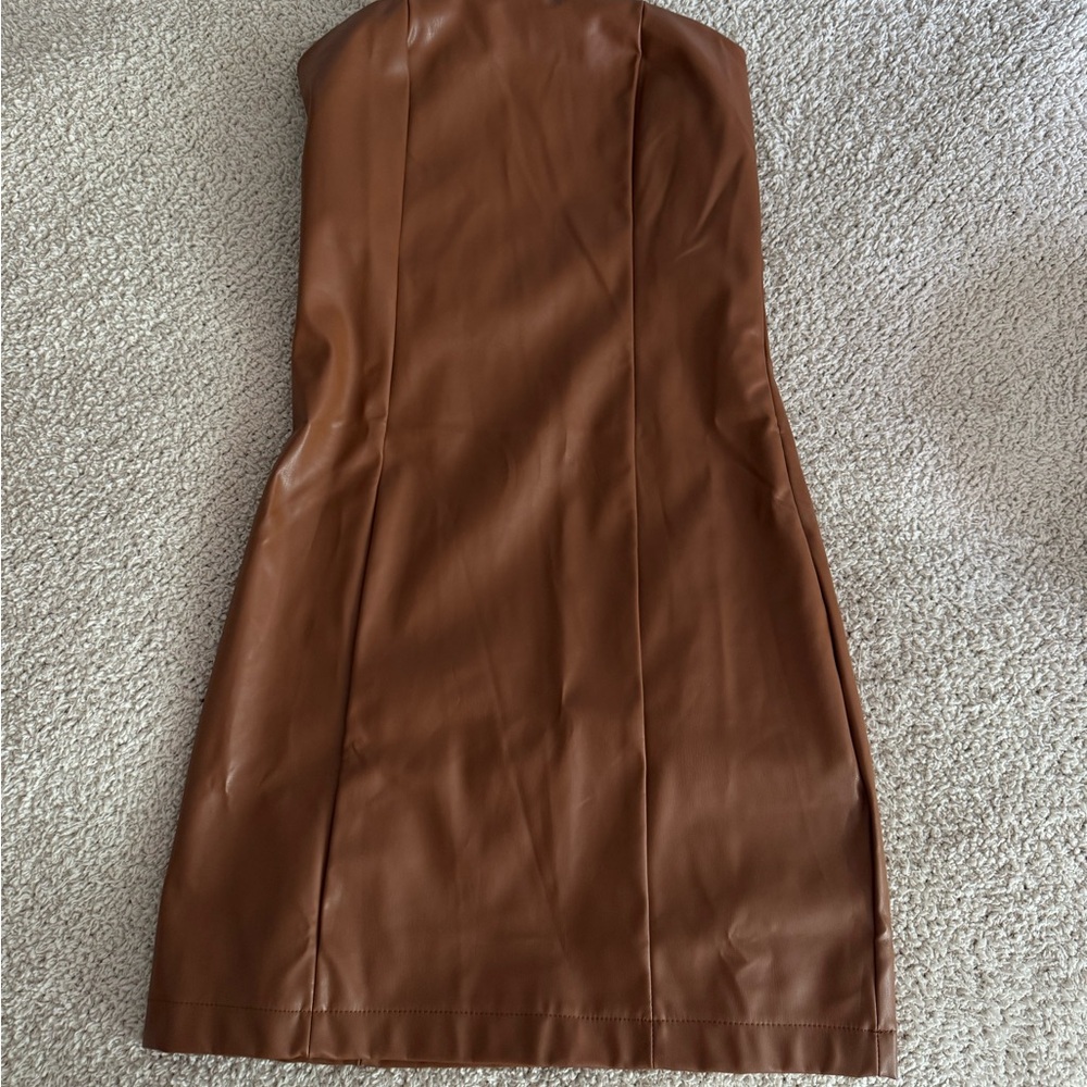 Faux Leather Brown Strapless Dress